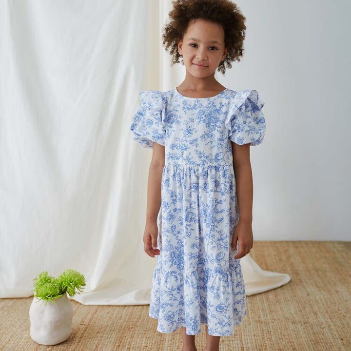 Cotton Floral Ruffle Dress - Ivory Blue Dresses + Skirts My Little Cozmo 