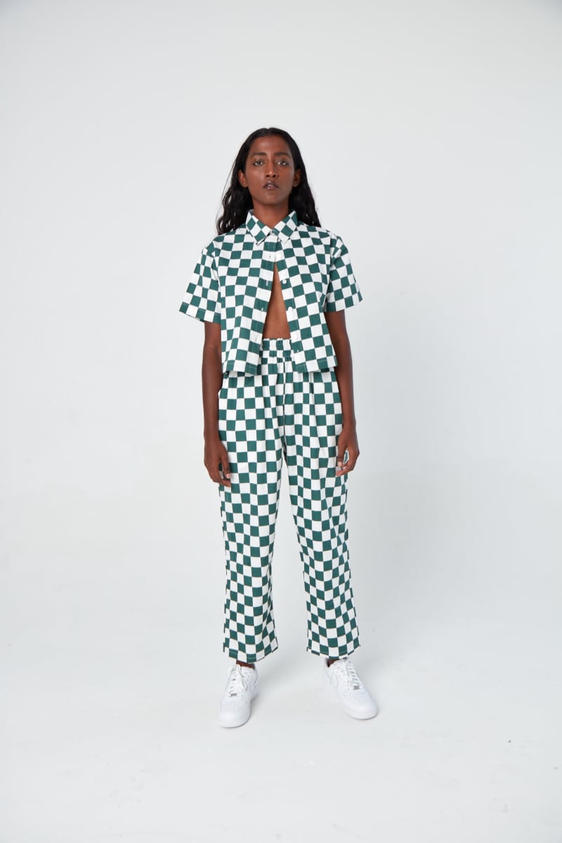 Hand Printed 'Seema' Pants - Green And White Chessboard