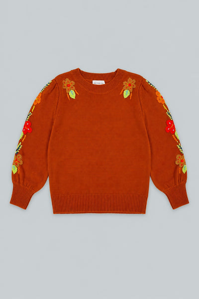 Embroidered Crew Neck Sweater - Burnt Orange