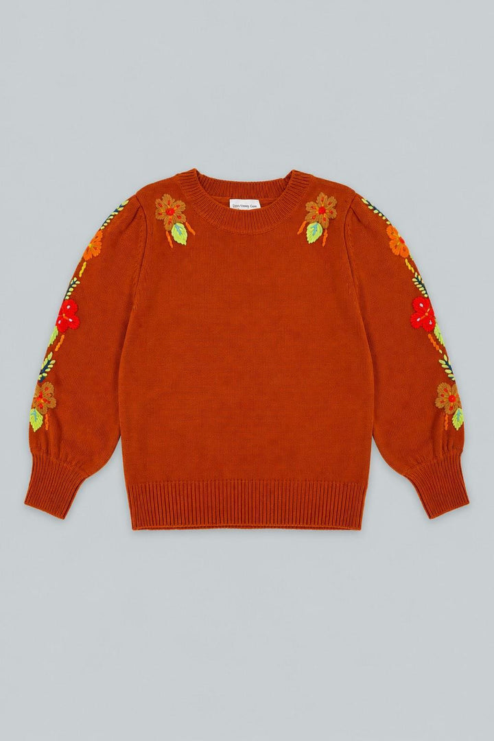 Embroidered Crew Neck Sweater - Burnt Orange