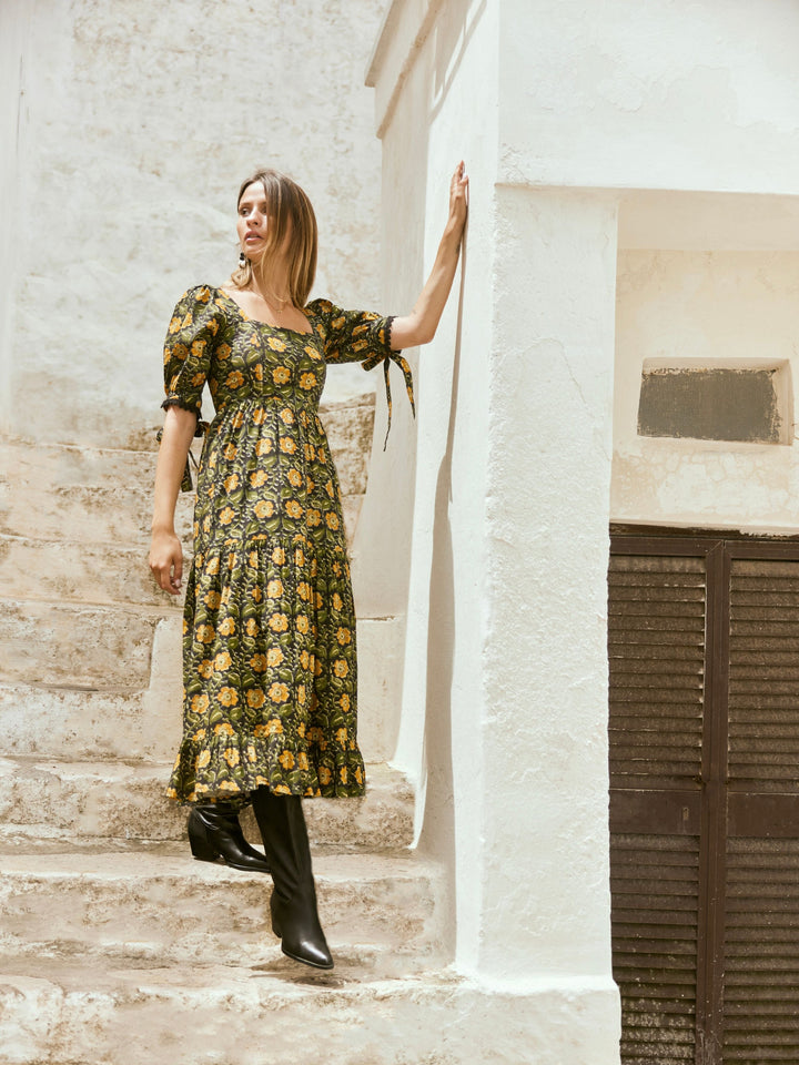 Barbara Square Neck Dress - Faded Black Golden Floral