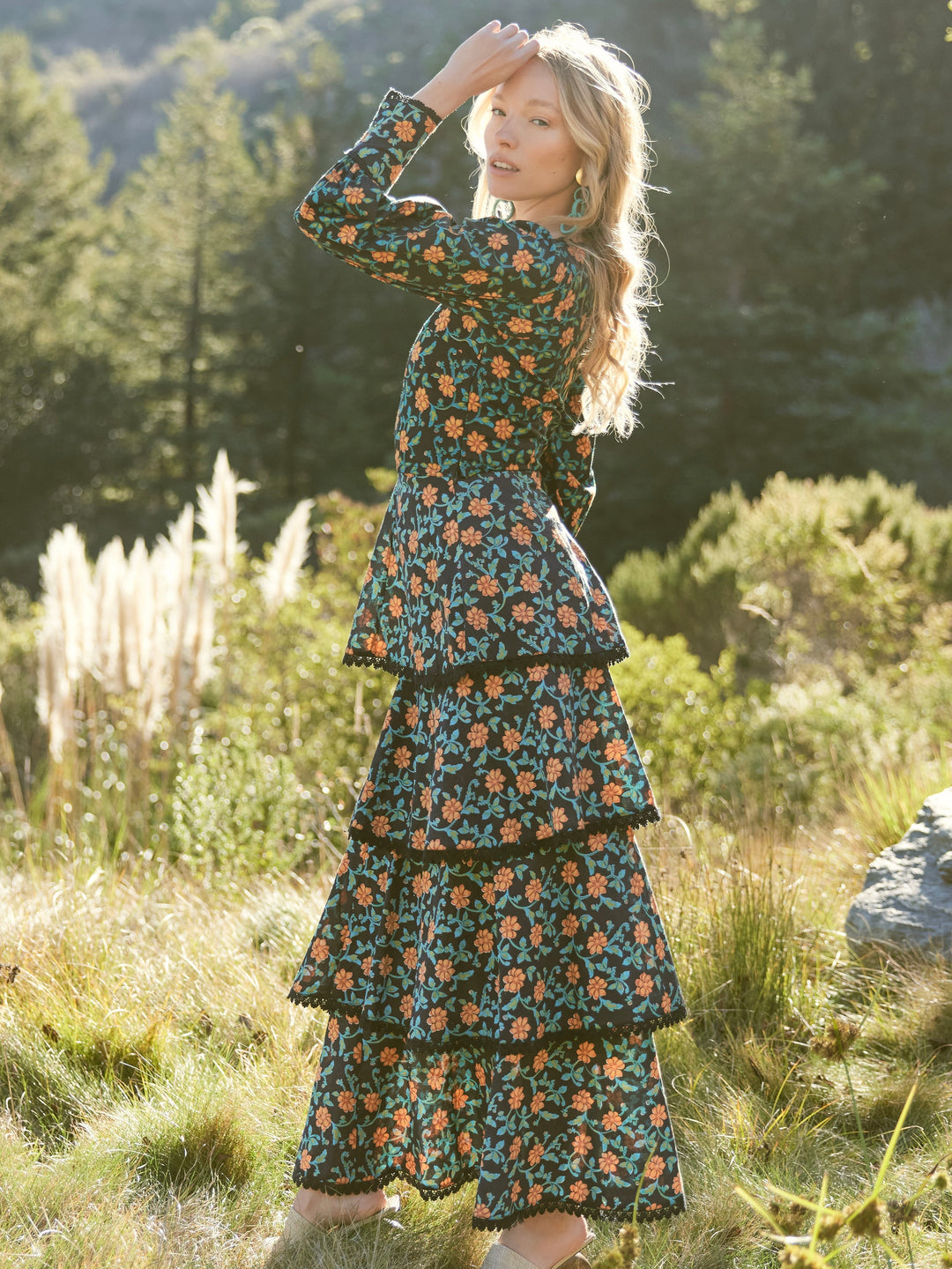 Victoria Embroidered Top - Faded Black/Bright Clementine & Moss Floral