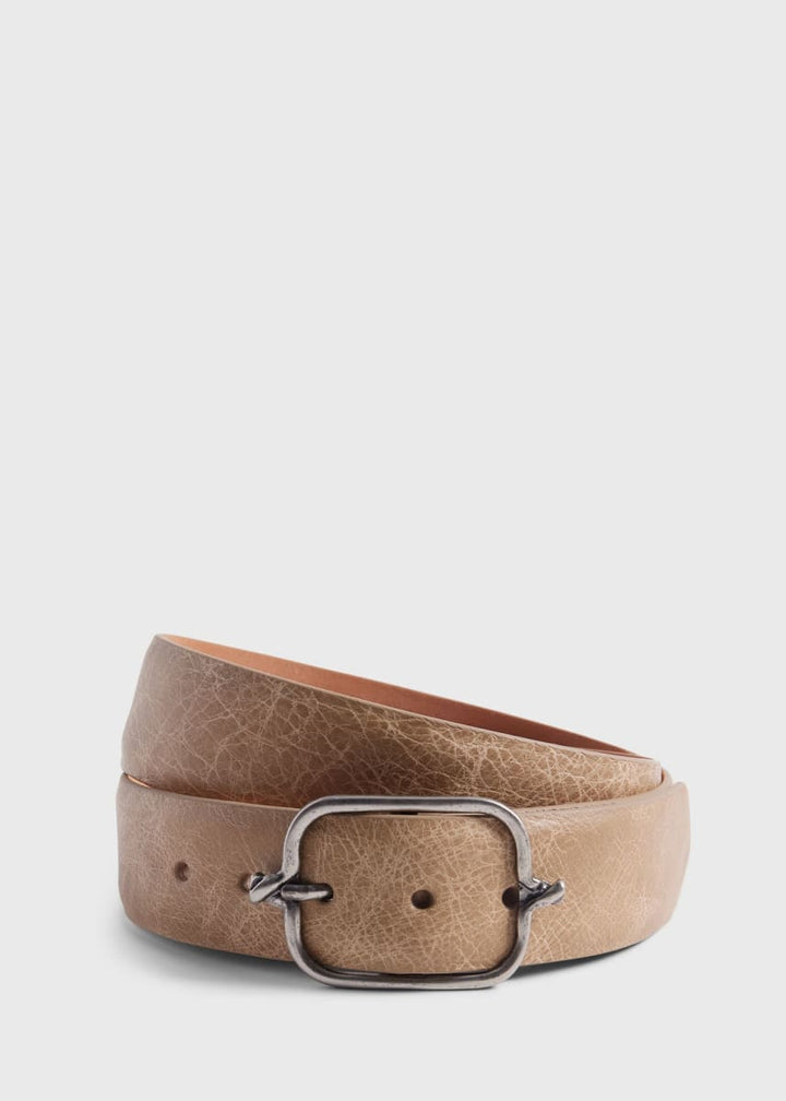 Textured Leather Belt with Silver Buckle - Taupe