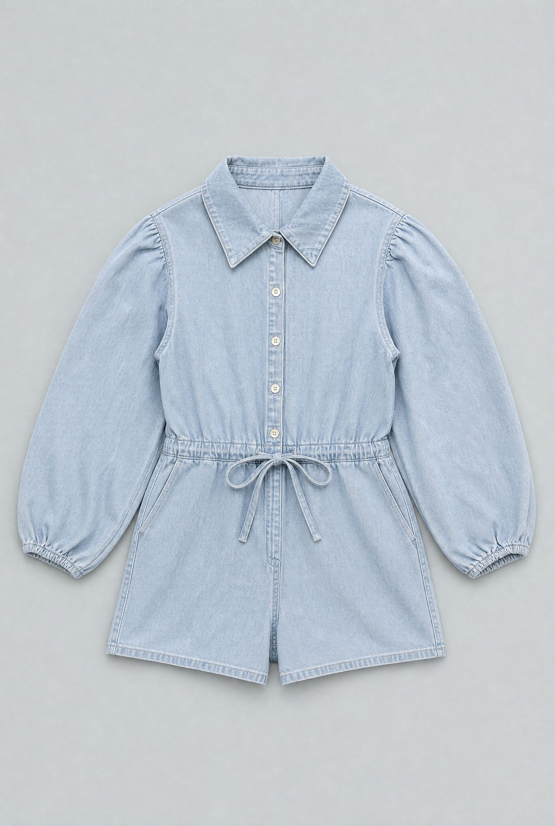 Balloon Sleeve Button Up Romper - Light Blue