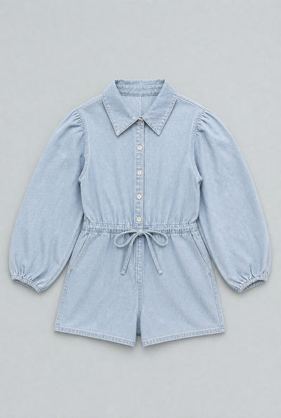Balloon Sleeve Button Up Romper - Light Blue