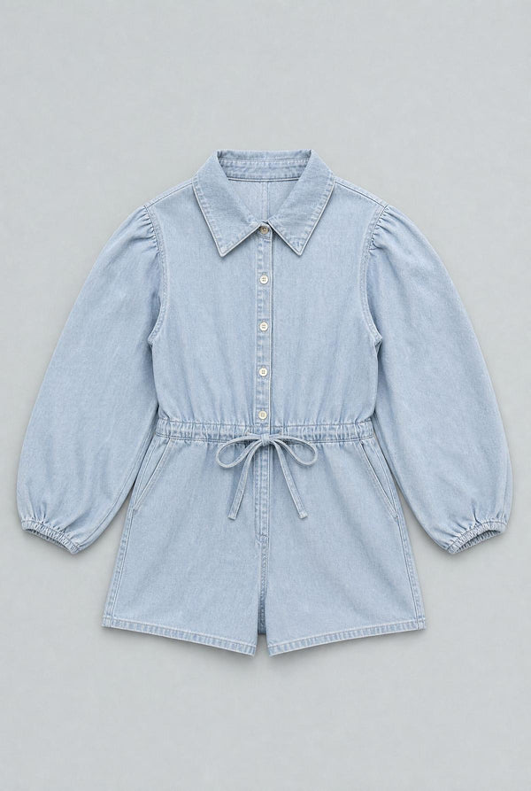 Balloon Sleeve Button Up Romper - Light Blue