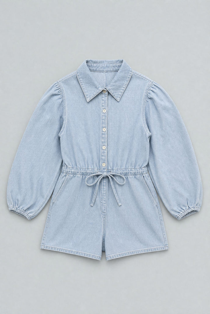 Balloon Sleeve Button Up Romper - Light Blue