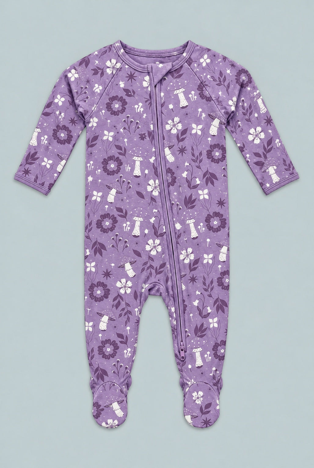 Mushroom Floral Zipper Footie - Meadow