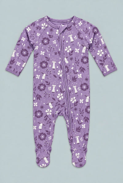Mushroom Floral Zipper Footie - Meadow