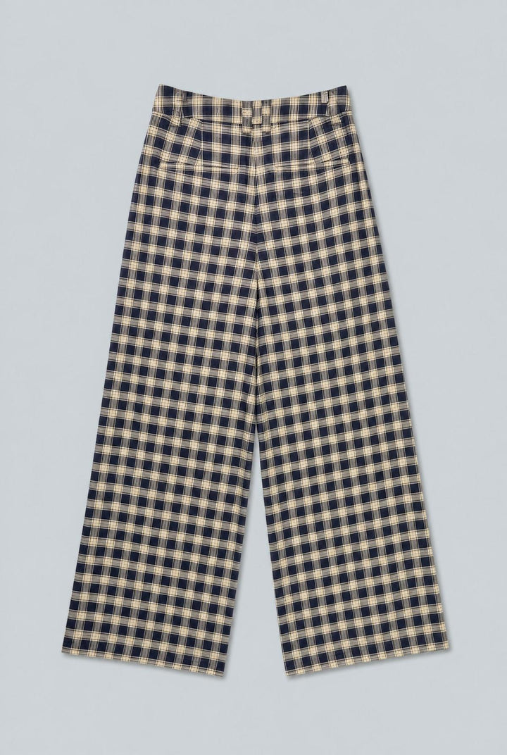 Plaid High Waisted Wide Leg Pants - Navy Combo