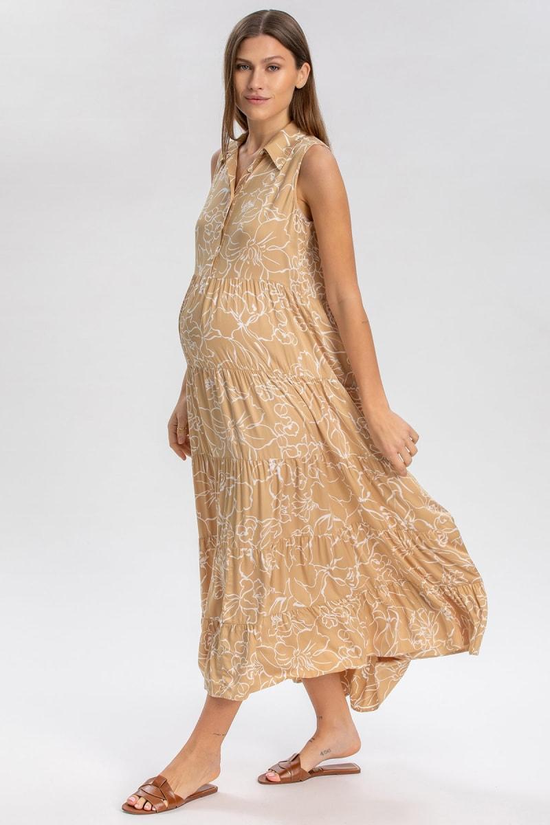 CLARA QD51 Sleeveless Printed Maxi Maternity Dress - Sand Fine Lines