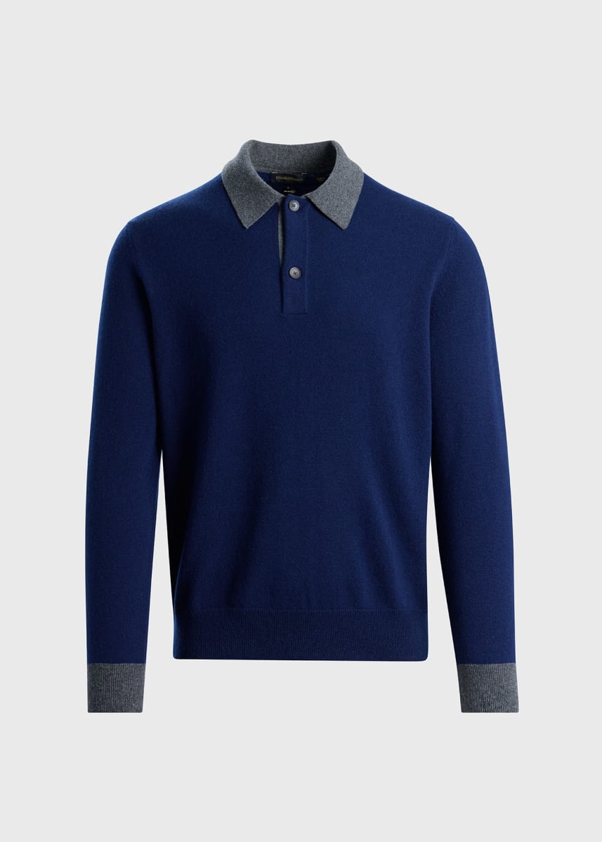 Cashmere Contrast Collar Polo - Navy