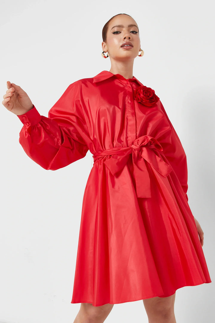 Belted Taffeta Dress - Red