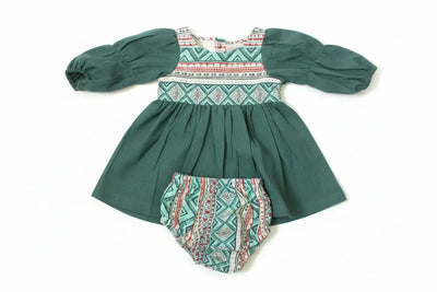 Cotton Woven Baby Dress & Bloomers Set - Teal