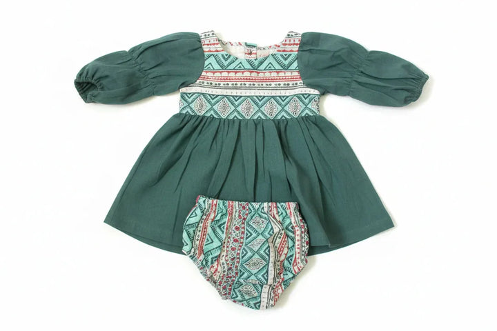 Cotton Woven Baby Dress & Bloomers Set - Teal