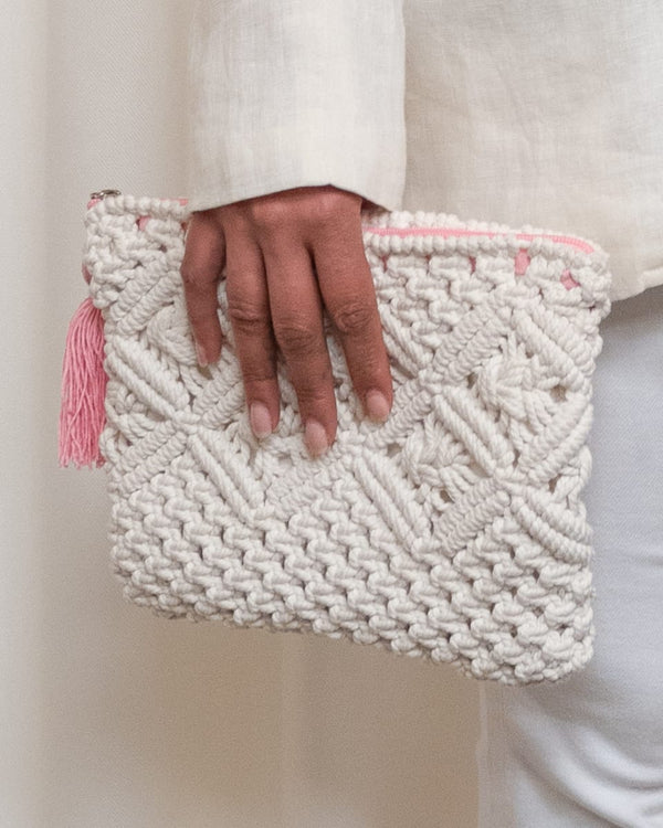 Timur Clutch - Off White/Pink Tassel