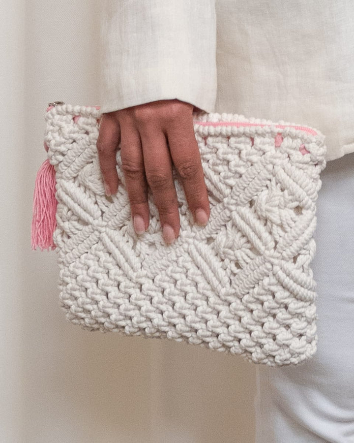 Timur Clutch - Off White/Pink Tassel