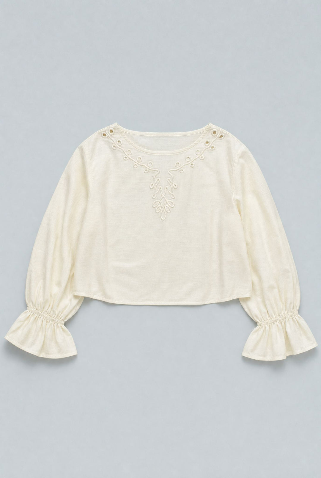Cropped Embroidered Blouse With Cinched Sleeves - Ivory