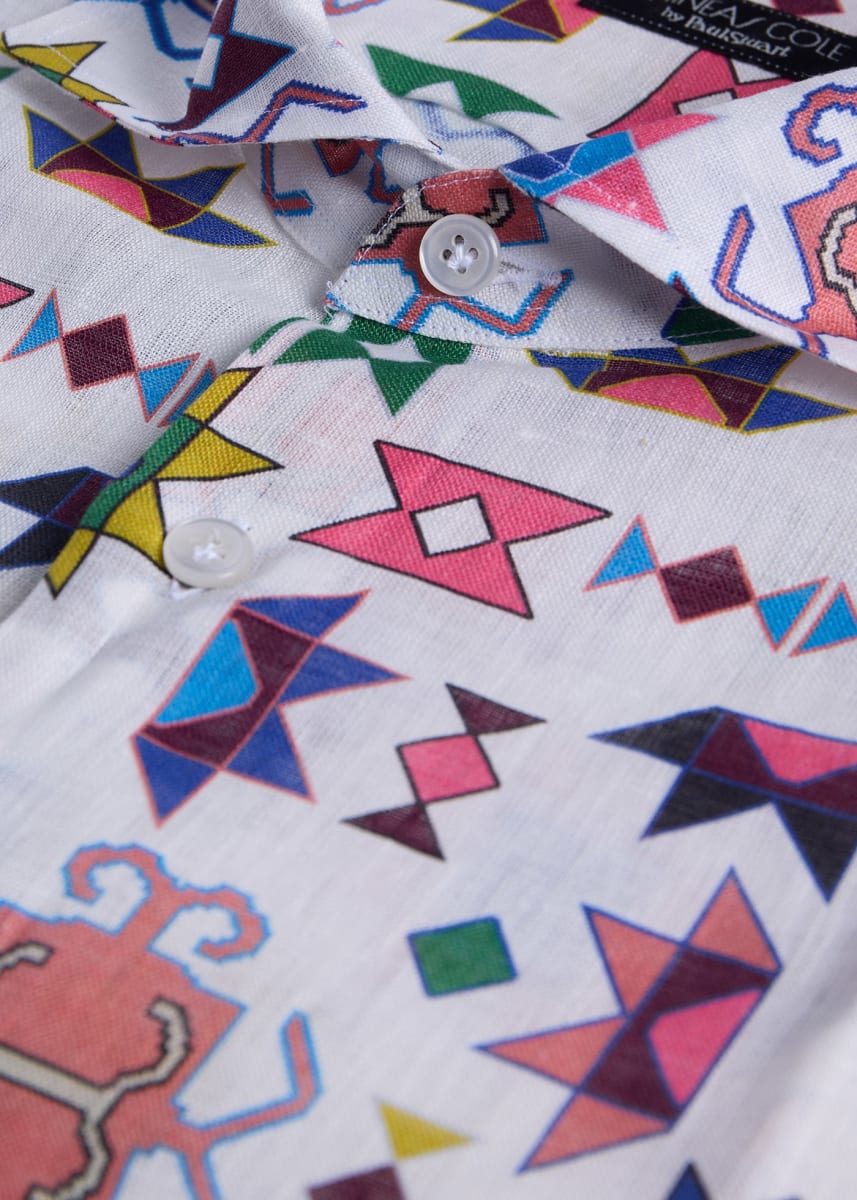 Printed Linen Exotic Geometric Sport Shirt - White/Multi