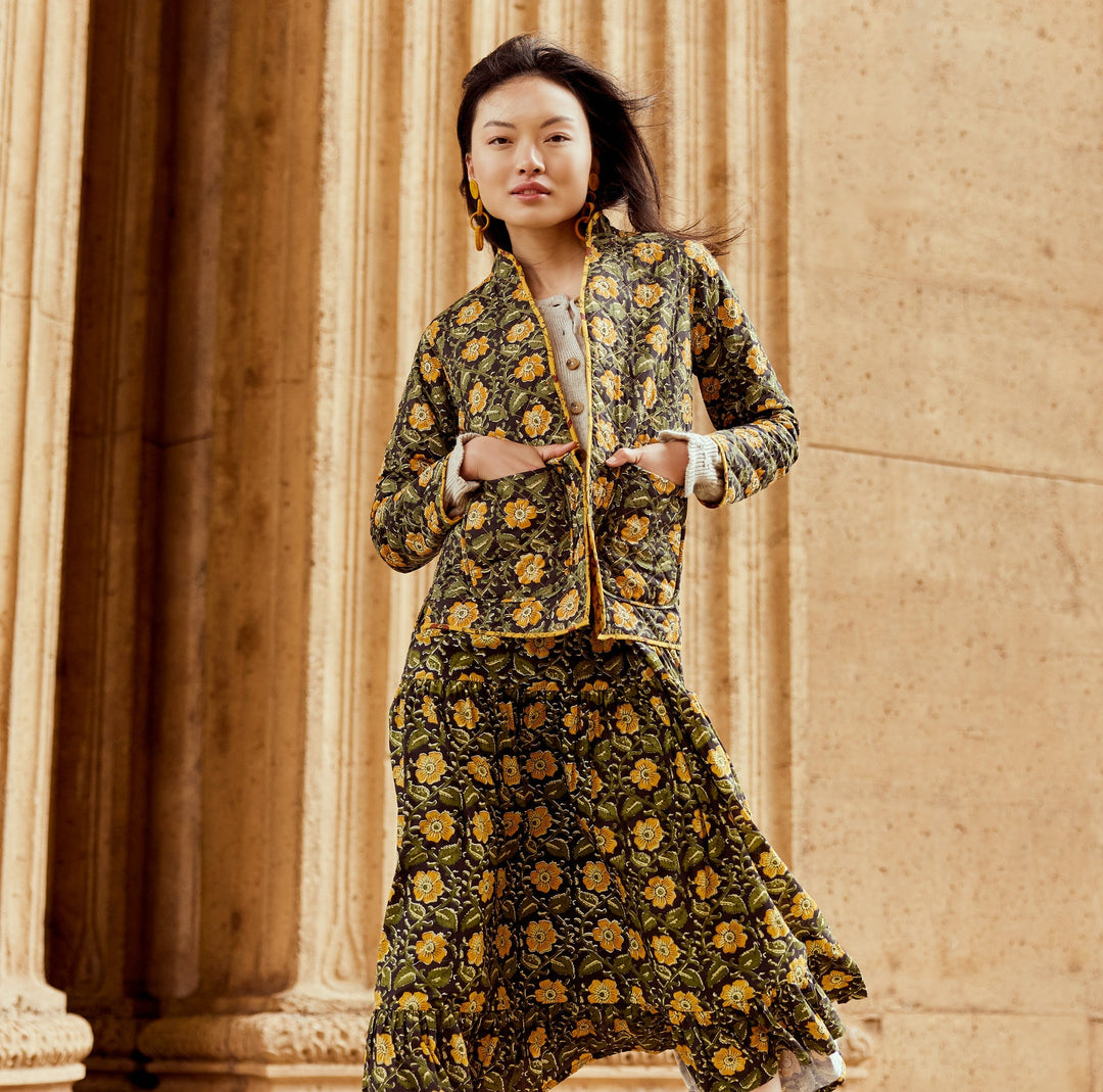 Nancy Reversible Quilted Jacket - Golden Marguerite/Chili Floral Print & Faded Black/Golden Floral Prints