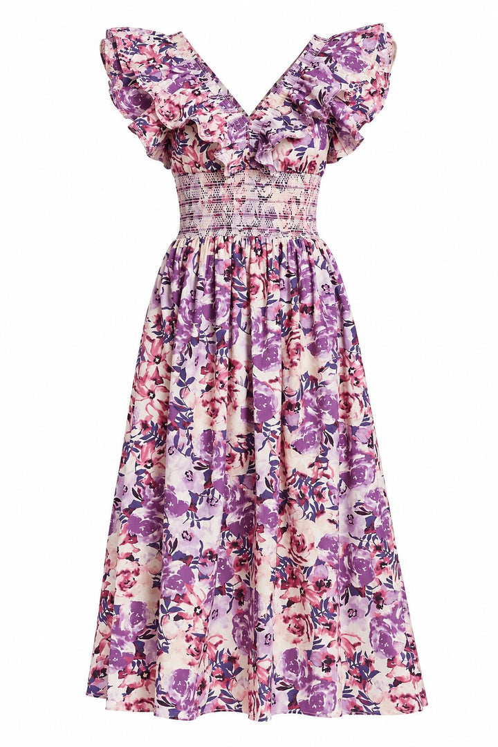 Smocked Floral Midi Dress - Purple Combo