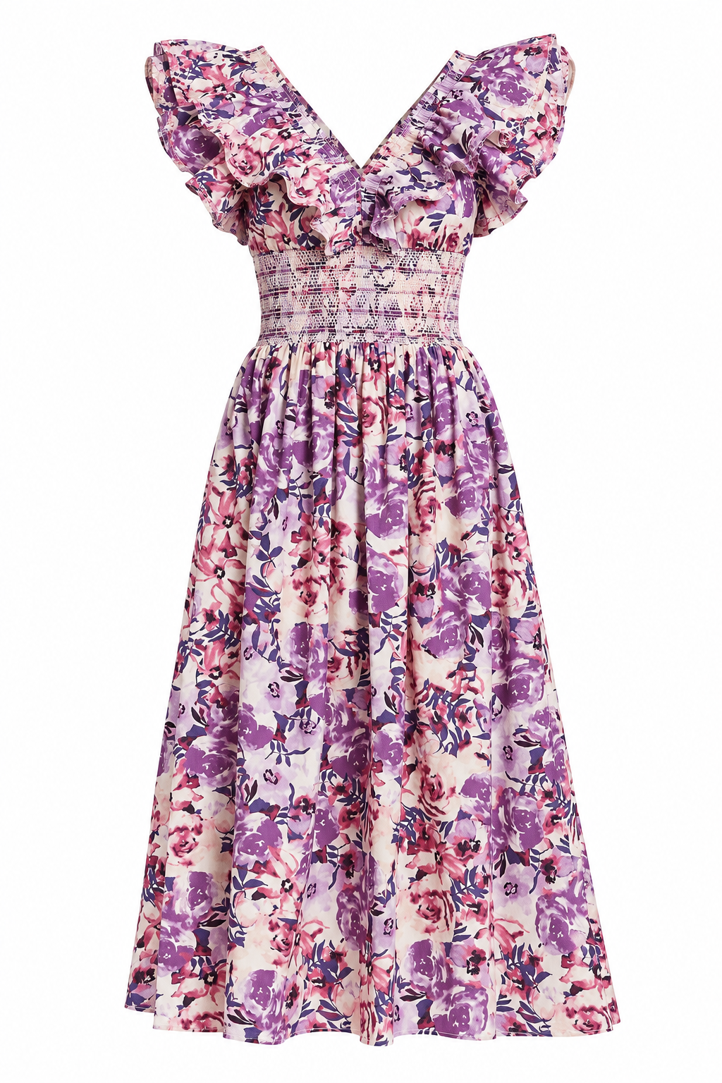 Smocked Floral Midi Dress - Purple Combo