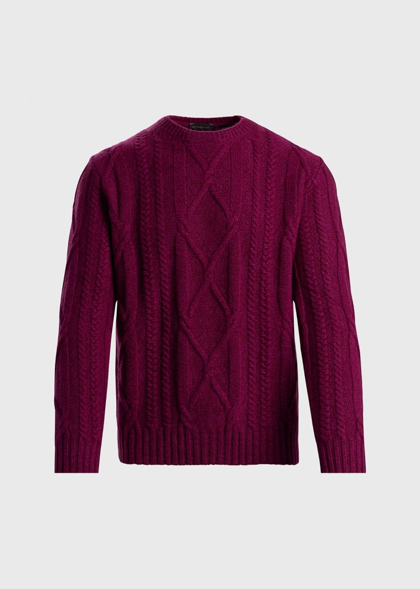 Aran Cable Knit Crewneck Sweater - Plum