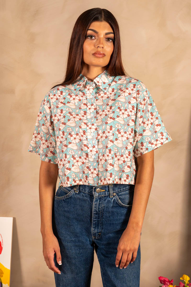 Hand Printed 'The Cami' Crop Shirt - Turquoise And White Floral