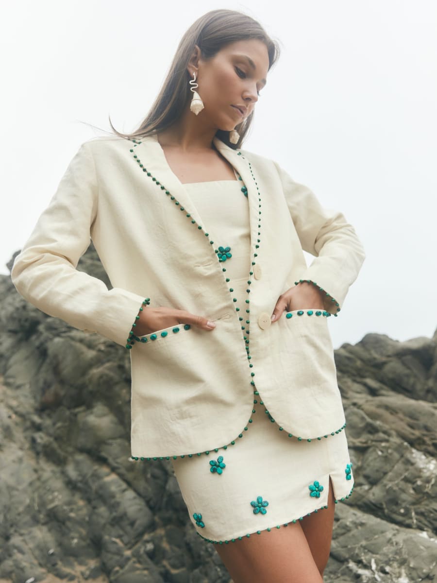 Amber Blazer - Ivory & Turquoise