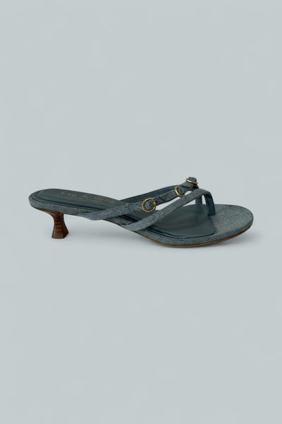 Sammie Denim Buckle Kitten-Heel Sandals - Lwdnm