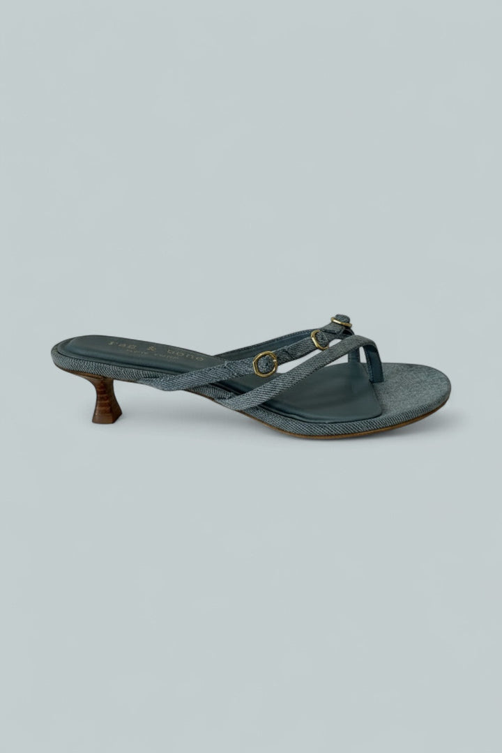 Sammie Denim Buckle Kitten-Heel Sandals - Lwdnm