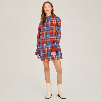 Mock Neck Plaid Dress - Orange Combo