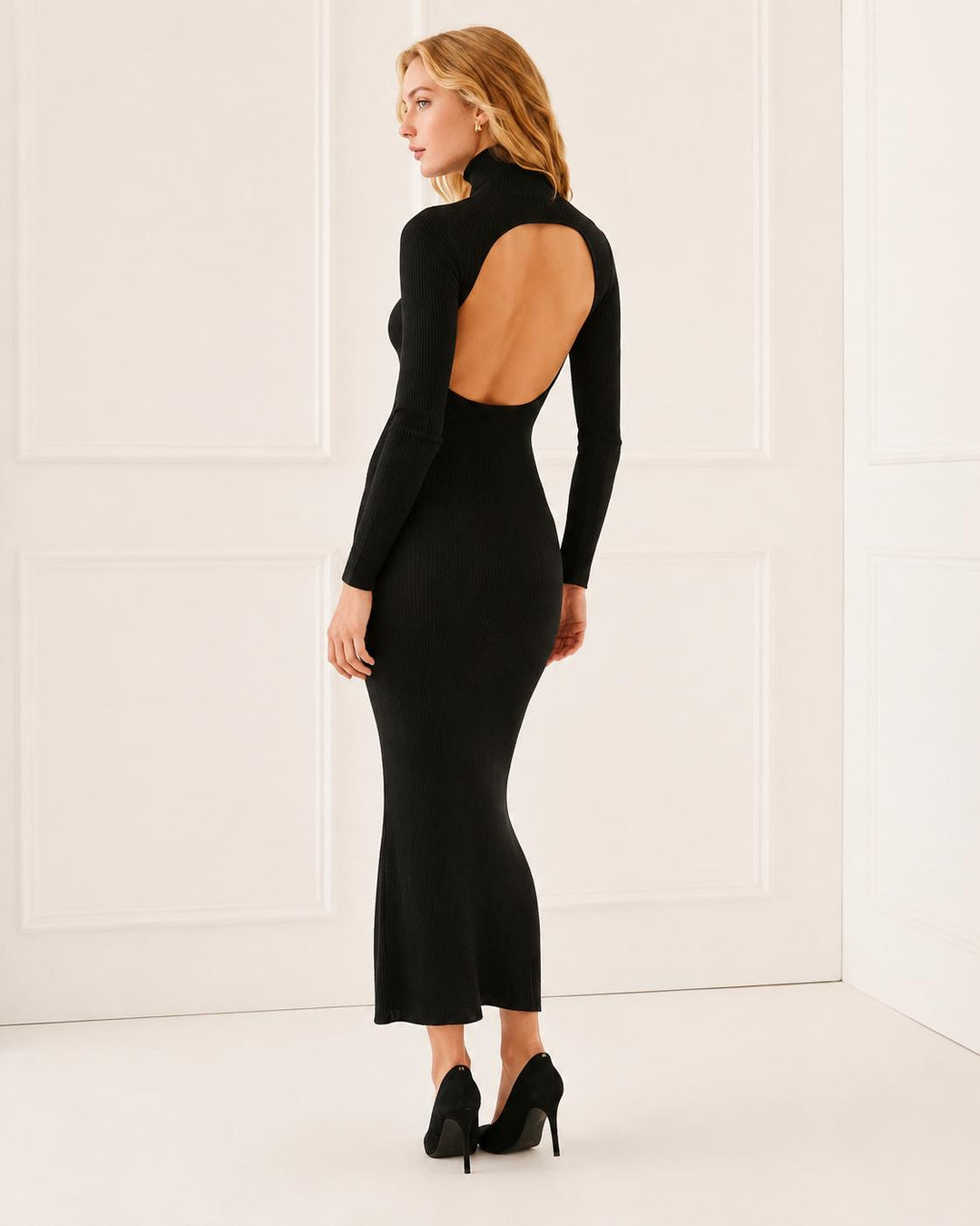 Turtleneck Open Back Sweater Dress - Black