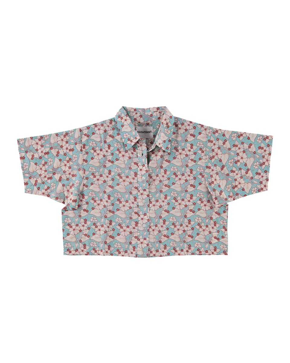 Hand Printed 'The Cami' Crop Shirt - Turquoise And White Floral