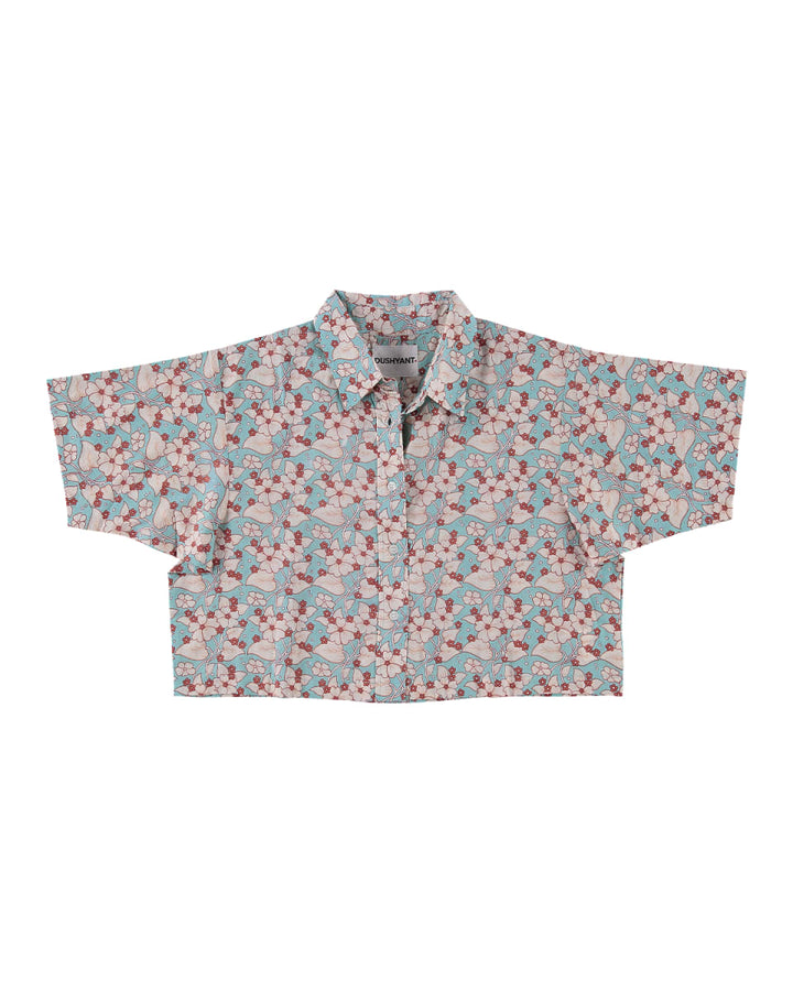 Hand Printed 'The Cami' Crop Shirt - Turquoise And White Floral