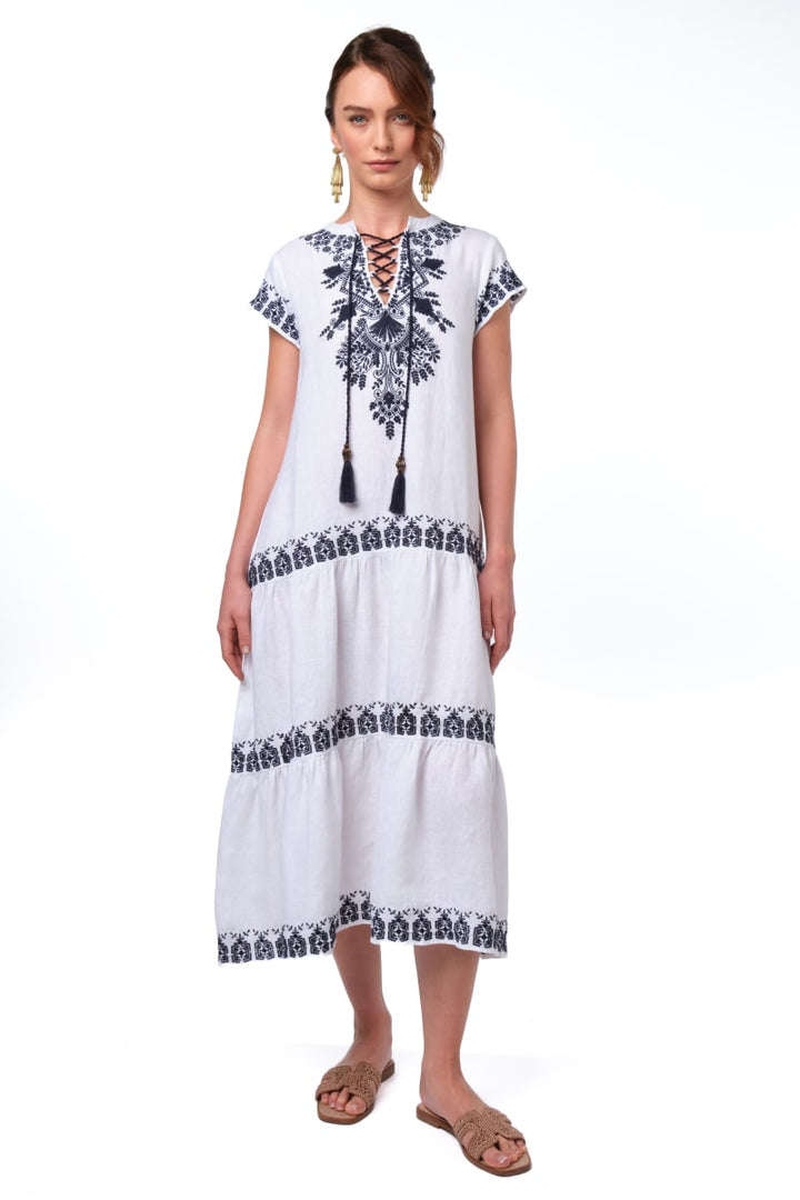 Coralie Dress - White/Navy Embroidery