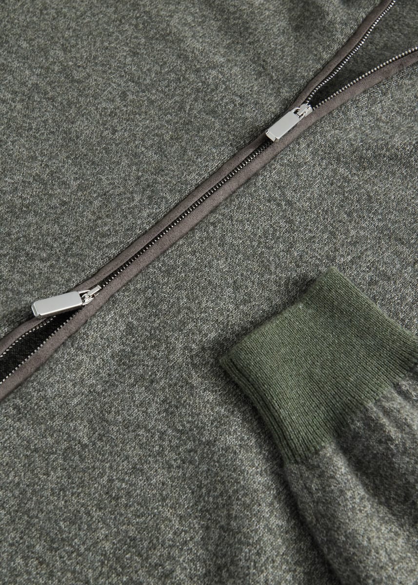 Cashmere Melange Fullzip Suede Trim Cardigan - Sage