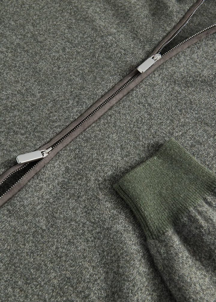 Cashmere Melange Fullzip Suede Trim Cardigan - Sage
