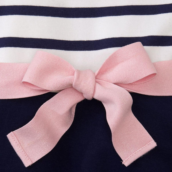 Lightweight Blocked Organic Skater Dress - Navy with Light Pink Ribbon