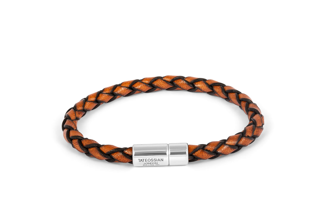 Single Wrap Scoubidou Leather Bracelet With Silver Clasp - Tan