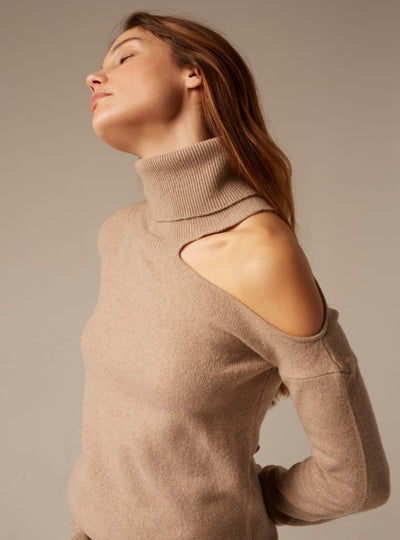 Abbie | Cashmere Roll Neck Jumper - Sand - L - Sweater