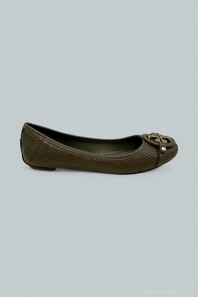 Adan Ballet Flat Embossed Leather - Olive Green Snakeskin - 8 - Flats