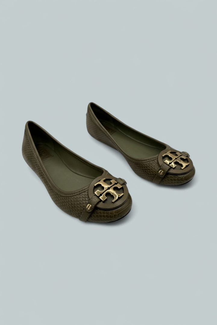 Adan Ballet Flat Embossed Leather - Olive Green Snakeskin - 8 - Flats