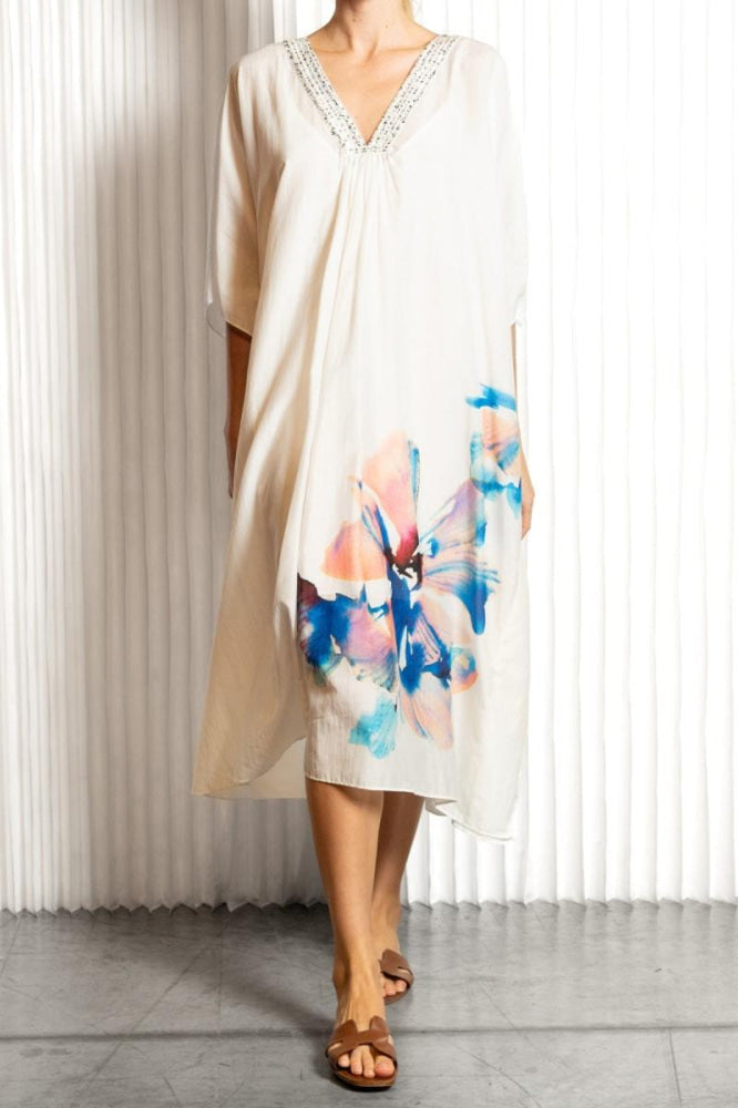 Adria Watercolor Kaftan - White Multi - S - Dresses