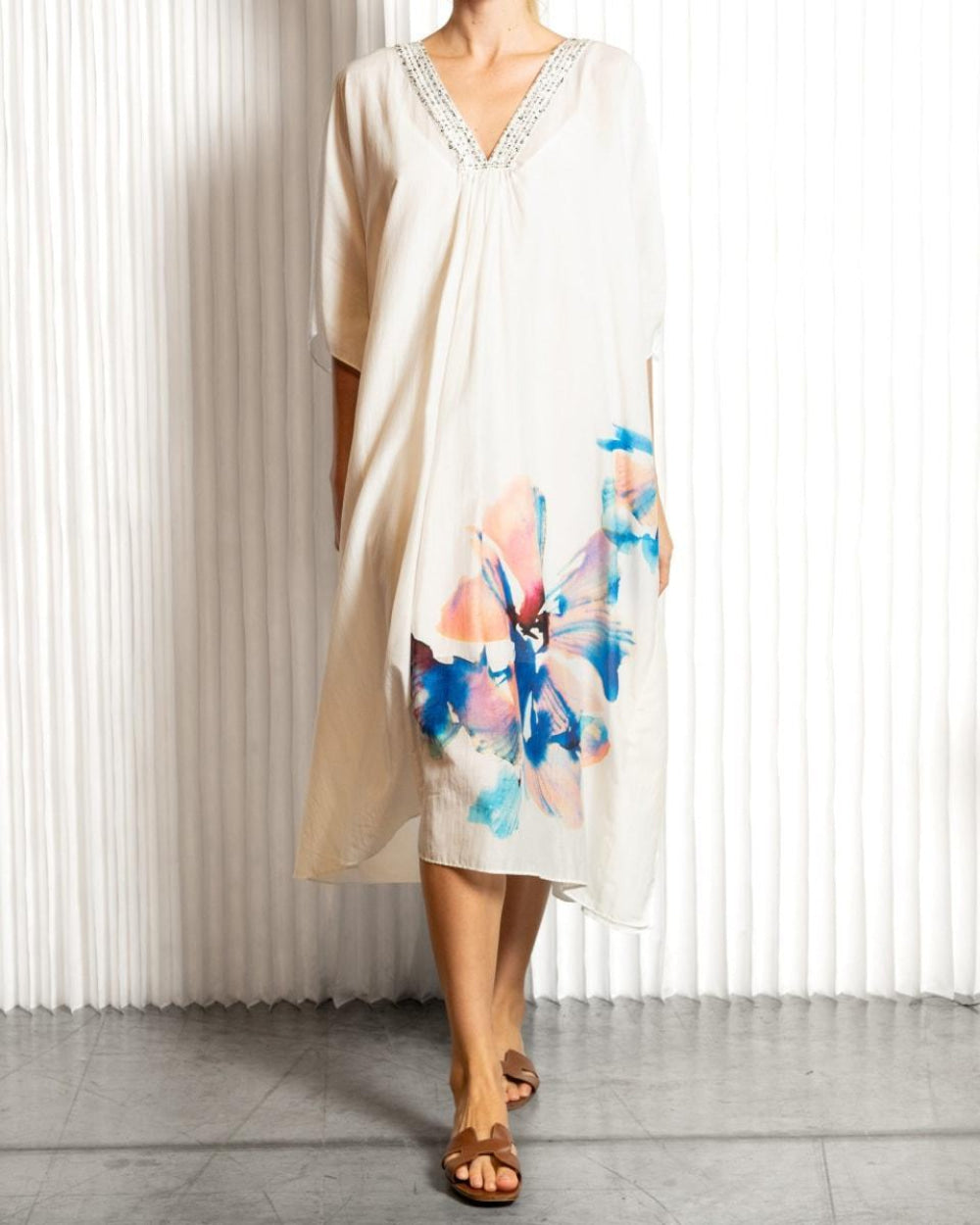 Adria Watercolor Kaftan - White Multi - S - Dresses