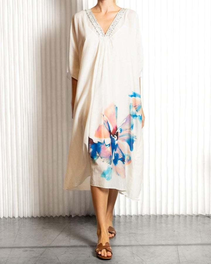 Adria Watercolor Kaftan - White Multi - S - Dresses