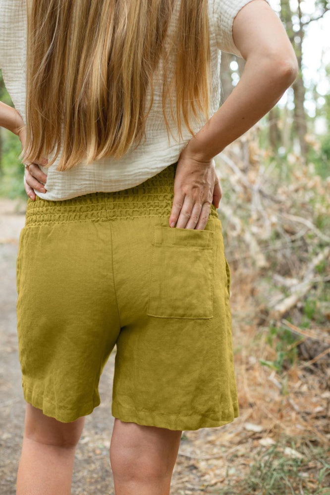 Adult Smocked Linen Transitional Shorts - Golden Olive - Shorts