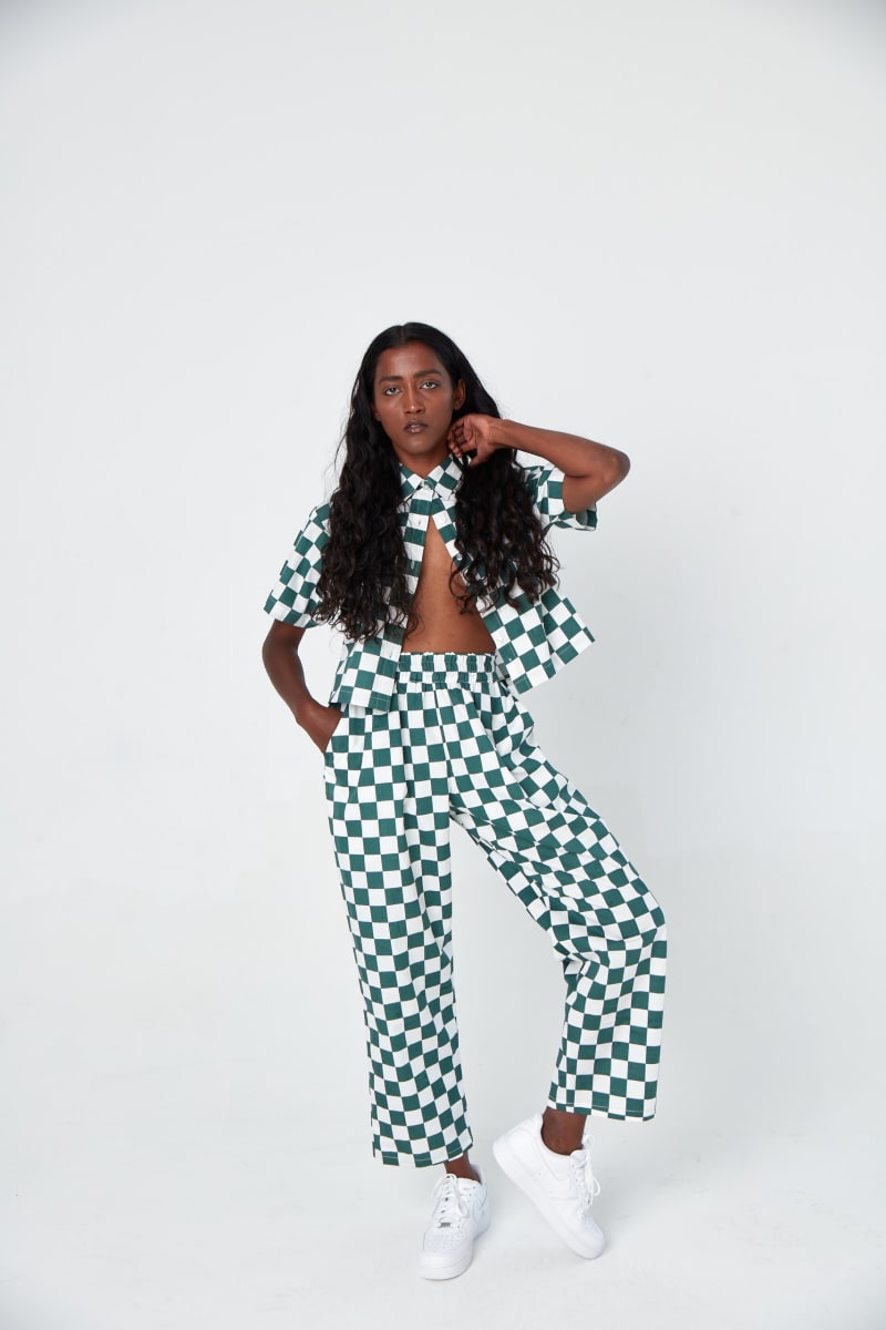 Hand Printed 'Seema' Pants - Green And White Chessboard