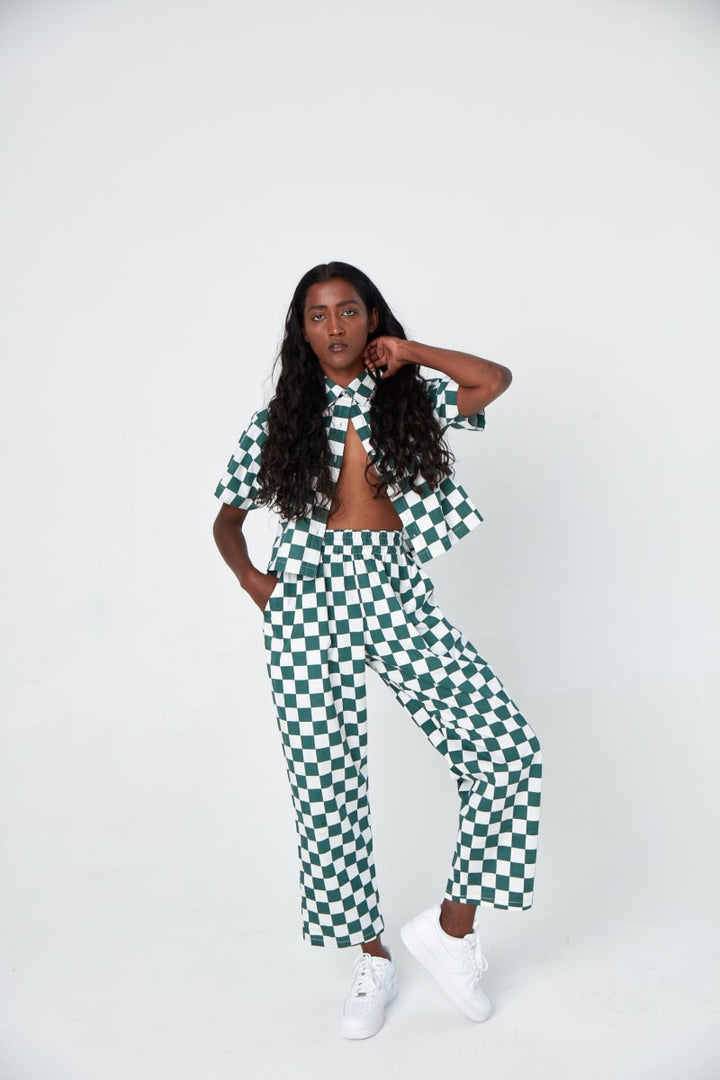 Hand Printed 'Seema' Pants - Green And White Chessboard