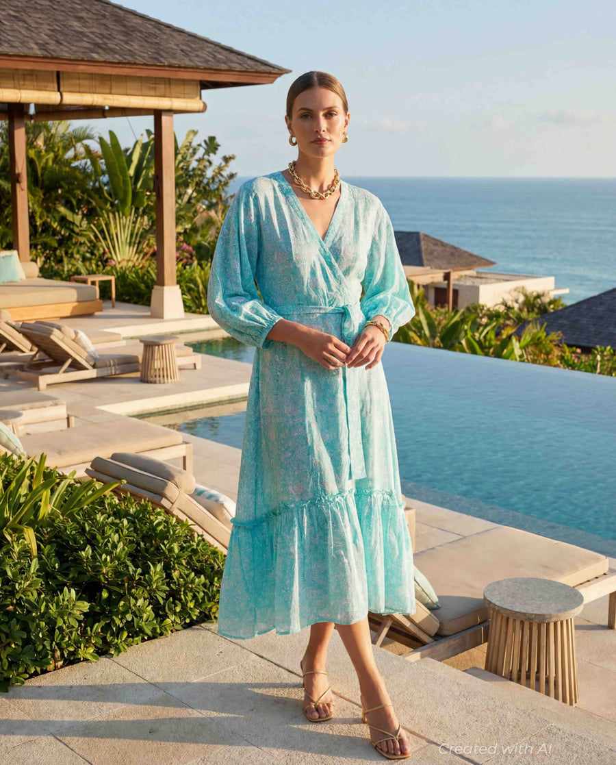 Alessandra Wrap Dress - Aqua-Floral - Dresses